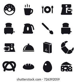 16 vector icon set : donut, hot drink, cafe, coffee maker, toaster, kettle, big spoon, bread, egg, cheese