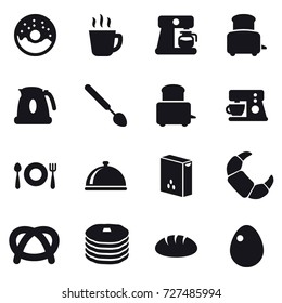 16 vector icon set : donut, hot drink, coffee maker, toaster, kettle, big spoon, bread, egg