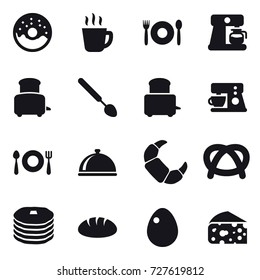 16 vector icon set : donut, hot drink, cafe, coffee maker, toaster, big spoon, bread, egg, cheese