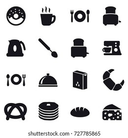 16 vector icon set : donut, hot drink, cafe, toaster, kettle, big spoon, bread, cheese