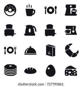 16 vector icon set : donut, hot drink, cafe, coffee maker, toaster, kettle, bread, egg, cheese
