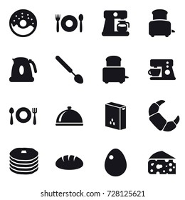 16 vector icon set : donut, cafe, coffee maker, toaster, kettle, big spoon, bread, egg, cheese