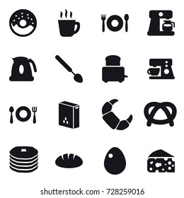 16 vector icon set : donut, hot drink, cafe, coffee maker, kettle, big spoon, bread, egg, cheese