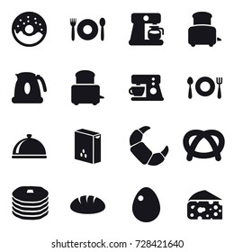 16 vector icon set : donut, cafe, coffee maker, toaster, kettle, bread, egg, cheese