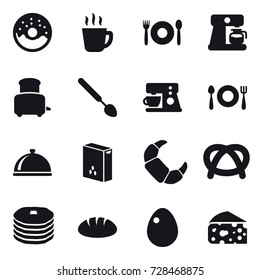 16 vector icon set : donut, hot drink, cafe, coffee maker, toaster, big spoon, bread, egg, cheese