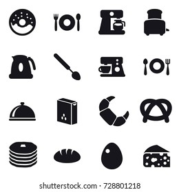16 vector icon set : donut, cafe, coffee maker, toaster, kettle, big spoon, bread, egg, cheese