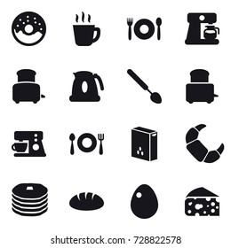 16 vector icon set : donut, hot drink, cafe, coffee maker, toaster, kettle, big spoon, bread, egg, cheese