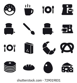 16 vector icon set : donut, hot drink, cafe, coffee maker, toaster, big spoon, bread, egg, cheese