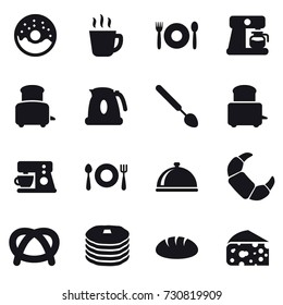 16 vector icon set : donut, hot drink, cafe, coffee maker, toaster, kettle, big spoon, bread, cheese
