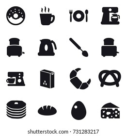 16 vector icon set : donut, hot drink, cafe, coffee maker, toaster, kettle, big spoon, bread, egg, cheese