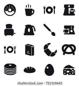 16 vector icon set : donut, hot drink, cafe, coffee maker, toaster, kettle, big spoon, bread, egg, cheese