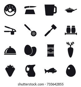 16 vector icon set : donut, cutting board, cup, pan, garlic clasp, skimmer, meat hammer, berry, jug, fish, egg