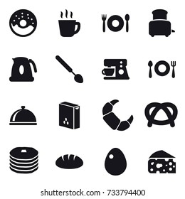 16 vector icon set : donut, hot drink, cafe, toaster, kettle, big spoon, bread, egg, cheese
