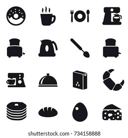 16 vector icon set : donut, hot drink, cafe, coffee maker, toaster, kettle, big spoon, bread, egg, cheese