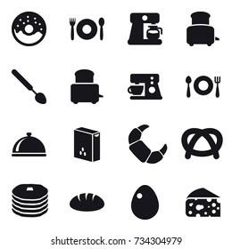 16 vector icon set : donut, cafe, coffee maker, toaster, big spoon, bread, egg, cheese