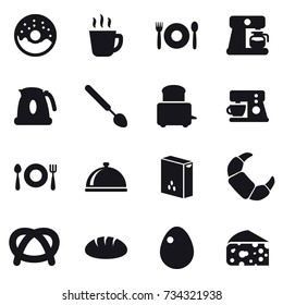 16 vector icon set : donut, hot drink, cafe, coffee maker, kettle, big spoon, bread, egg, cheese