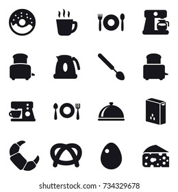 16 vector icon set : donut, hot drink, cafe, coffee maker, toaster, kettle, big spoon, egg, cheese