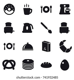 16 vector icon set : donut, hot drink, cafe, coffee maker, toaster, kettle, big spoon, bread, egg