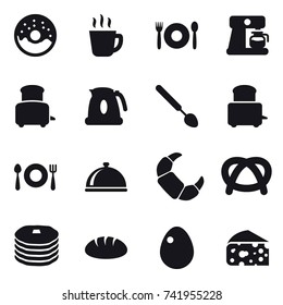 16 vector icon set : donut, hot drink, cafe, coffee maker, toaster, kettle, big spoon, bread, egg, cheese