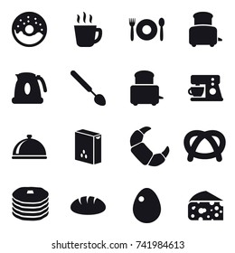 16 vector icon set : donut, hot drink, cafe, toaster, kettle, big spoon, bread, egg, cheese