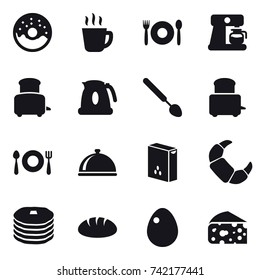 16 vector icon set : donut, hot drink, cafe, coffee maker, toaster, kettle, big spoon, bread, egg, cheese