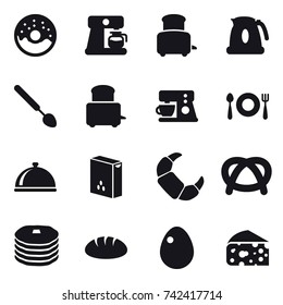 16 vector icon set : donut, coffee maker, toaster, kettle, big spoon, bread, egg, cheese