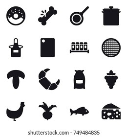 16 vector icon set : donut, pan, apron, cutting board, flour, grape, chicken, beet, fish, cheese