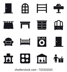 16 vector icon set : door, arch window, restaurant, curtain, table, chest of drawers, dresser, armchair, crib, washing machine, fireplace, utility room, kitchen cleaning
