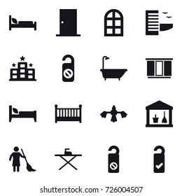 16 vector icon set : door, arch window, hotel, do not distrub, bath, wardrobe, bed, crib, hard reach place cleaning, utility room, brooming, iron board, please clean