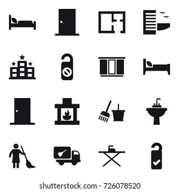 16 vector icon set : door, plan, hotel, do not distrub, wardrobe, bed, fireplace, bucket and broom, water tap sink, brooming, home call cleaning, iron board, please clean