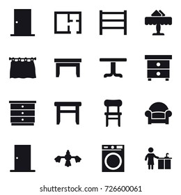 16 vector icon set : door, plan, restaurant, curtain, table, nightstand, chest of drawers, stool, chair, armchair, hard reach place cleaning, washing machine, kitchen cleaning