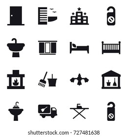 16 vector icon set : door, hotel, do not distrub, wardrobe, bed, crib, fireplace, bucket and broom, hard reach place cleaning, utility room, water tap sink, home call cleaning, iron board