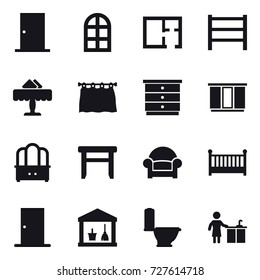 16 vector icon set : door, arch window, plan, restaurant, curtain, chest of drawers, wardrobe, dresser, stool, armchair, crib, utility room, toilet, kitchen cleaning