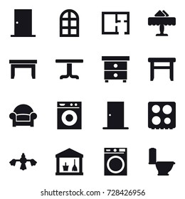 16 vector icon set : door, arch window, plan, restaurant, table, nightstand, stool, armchair, washing machine, hard reach place cleaning, utility room, toilet