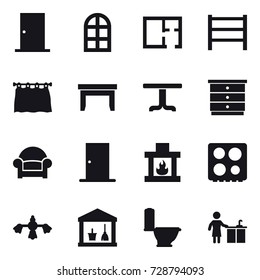 16 vector icon set : door, arch window, plan, curtain, table, chest of drawers, armchair, fireplace, hard reach place cleaning, utility room, toilet, kitchen cleaning