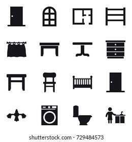 16 vector icon set : door, arch window, plan, curtain, table, chest of drawers, stool, chair, crib, hard reach place cleaning, washing machine, toilet, kitchen cleaning