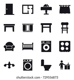 16 vector icon set : door, plan, restaurant, curtain, table, wardrobe, stool, chair, armchair, crib, washing machine, hard reach place cleaning, toilet, kitchen cleaning