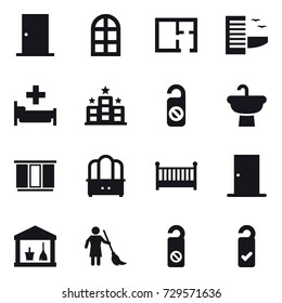 16 vector icon set : door, arch window, plan, hotel, hospital, do not distrub, wardrobe, dresser, crib, utility room, brooming, please clean