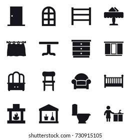 16 vector icon set : door, arch window, restaurant, curtain, table, chest of drawers, wardrobe, dresser, chair, armchair, crib, fireplace, utility room, toilet, kitchen cleaning