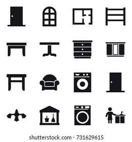 16 vector icon set : door, arch window, plan, table, chest of drawers, wardrobe, stool, armchair, washing machine, hard reach place cleaning, utility room, kitchen cleaning