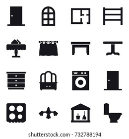 16 vector icon set : door, arch window, plan, restaurant, curtain, table, chest of drawers, dresser, washing machine, hard reach place cleaning, utility room, toilet