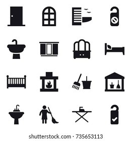 16 vector icon set : door, arch window, hotel, do not distrub, wardrobe, dresser, bed, crib, fireplace, bucket and broom, utility room, water tap sink, brooming, iron board, please clean