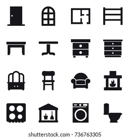 16 vector icon set : door, arch window, plan, table, nightstand, chest of drawers, dresser, chair, armchair, fireplace, utility room, washing machine, toilet