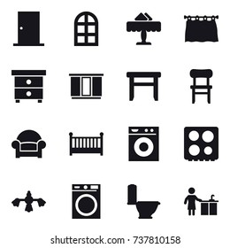 16 vector icon set : door, arch window, restaurant, curtain, nightstand, wardrobe, stool, chair, armchair, crib, washing machine, hard reach place cleaning, toilet, kitchen cleaning