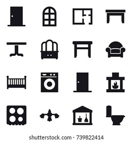 16 vector icon set : door, arch window, plan, table, dresser, stool, armchair, crib, washing machine, fireplace, hard reach place cleaning, utility room, toilet