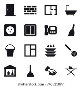 16 vector icon set : door, brick wall, plan, bath, power socket, power switch, intercome, broom, bucket, window, plate washing, skimmer, utility room, plunger, wiping, iron board