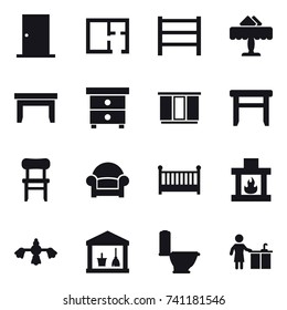16 vector icon set : door, plan, restaurant, table, nightstand, wardrobe, stool, chair, armchair, crib, fireplace, hard reach place cleaning, utility room, toilet, kitchen cleaning