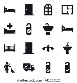 16 vector icon set : door, arch window, plan, hospital, do not distrub, bed, crib, hard reach place cleaning, water tap sink, brooming, home call cleaning, please clean