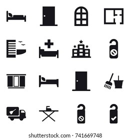 16 vector icon set : door, arch window, plan, hotel, hospital, do not distrub, wardrobe, bed, bucket and broom, home call cleaning, iron board, please clean