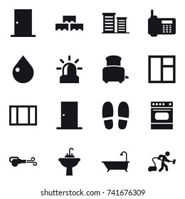 16 vector icon set : door, block wall, district, drop, alarm, toaster, window, slippers, blower, water tap sink, bath, vacuum cleaner